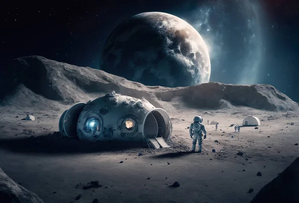 Astronautes Avec Station Spatiale Sur Lune Photos De Stock Libres De Droits
