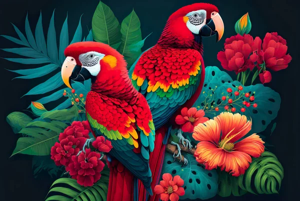 Красивый Цветок Двумя Попугаями Лицензионные Стоковые Фото