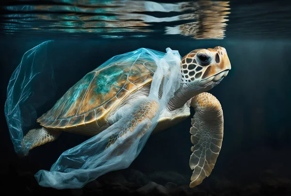 Deniz Kaplumbağası Plastik Bir Torbaya Sıkışmış - Stok İmaj