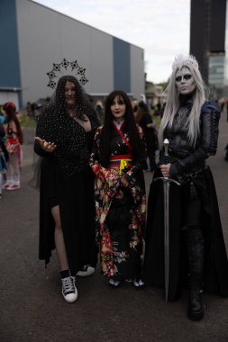 Bükreş, Romanya - 27 Nisan 2025: Doğu Avrupa Comic Con 'da Cosplayers. Çizgi roman, film, TV dizisi, bilim kurgu ve fantezi, oyun, Japon kültürü, Anime, Manga, tahta oyunları, kart oyunları ve son olarak da teknoloji oyunlarını seviyorlar..