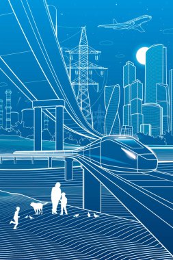 Şehir tasviri. Demiryolu köprüsü. Araba üst geçidi. Tren yolculukları. Şehir Altyapısı ve ulaşım görüntüsü. Şehir manzarası. Vektör tasarım sanatı. Mavi arkaplanda beyaz çizgiler