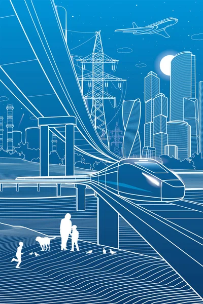Очертания Городской Иллюстрации Железнодорожный Мост Автомобильный Эстакада Поезд Едет Образ — стоковый вектор
