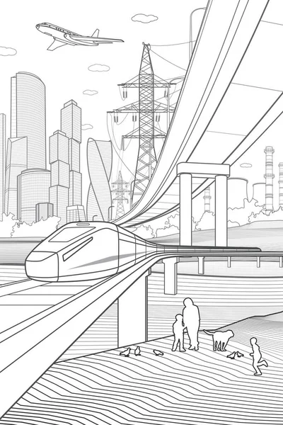 Delinear Ilustração Cidade Ponte Ferroviária Viaduto Passeios Comboio Infraestrutura Cidade —  Vetores de Stock