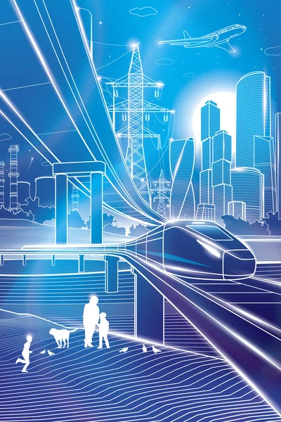 概要都市のイラスト ネオン街の生活のイメージ 鉄道橋 車の陸橋 電車に乗る 都市インフラと交通 都市のシーン ベクトルデザインアート 青い背景の白い線 — ストックベクタ