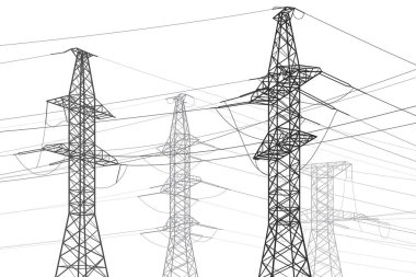 Yüksek voltaj iletim sistemleri. Elektrik direği. Elektrik hatları. Birbirine bağlı bir elektrik ağı. Vektör tasarımı illüstrasyonu