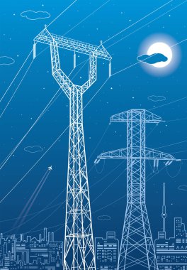 Yüksek voltaj iletim sistemleri. Elektrik direği. Elektrik hatları. Birbirine bağlı bir elektrik ağı. Mavi arka planda beyaz noktalar. Vektör tasarımı illüstrasyonu