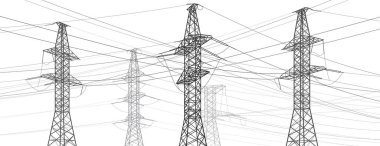 Yüksek voltaj iletim sistemleri. Elektrik direği. Elektrik hatları. Birbirine bağlı bir elektrik ağı. Vektör tasarımı illüstrasyonu