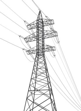 Yüksek voltaj iletim sistemleri. Elektrik direği. Elektrik hatları. Birbirine bağlı bir elektrik ağı. Vektör tasarımı illüstrasyonu