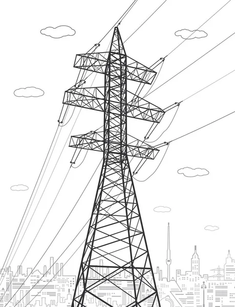 高压输电系统 电线杆电线 一个相互连接的电网 矢量设计说明 — 图库矢量图片