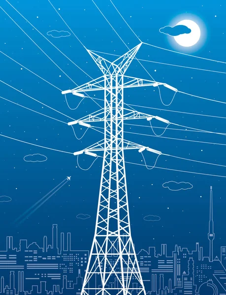 高压输电系统 电线杆电线 一个相互连接的电网 蓝色背景上的白线 矢量设计说明 — 图库矢量图片