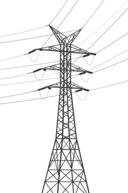 Yüksek voltaj iletim sistemleri. Elektrik direği. Elektrik hatları. Birbirine bağlı bir elektrik ağı. Vektör tasarımı illüstrasyonu