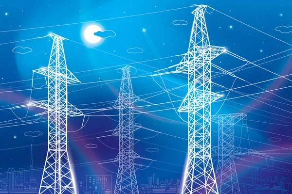Hochspannungsübertragungssysteme Strommast Neonglühen Stromleitungen Ein Netzwerk Vernetzter Elektrizität Weiße Linien — Stockvektor