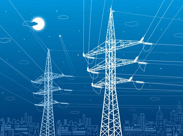 高電圧伝送システム 電柱だ 送電線だ 相互接続された電気のネットワーク 街の風景 青の背景に白いオットライン ベクターデザインイラスト — ストックベクタ
