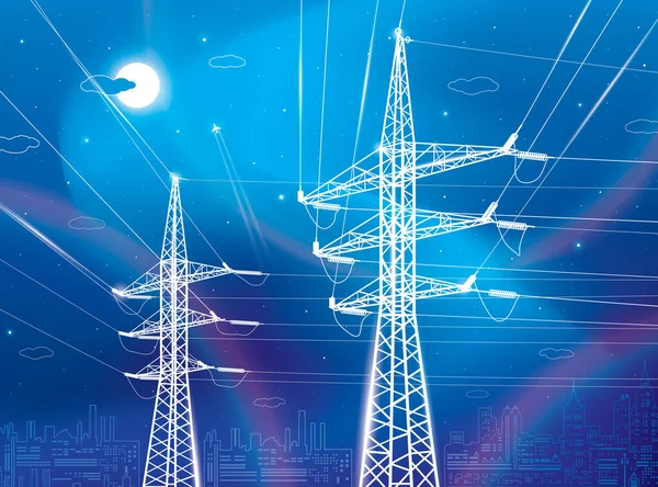 高電圧伝送システム 電柱だ ネオンの輝き 街の風景 送電線だ 相互接続された電気のネットワーク 青の背景に白いオットライン ベクターデザインイラスト — ストックベクタ