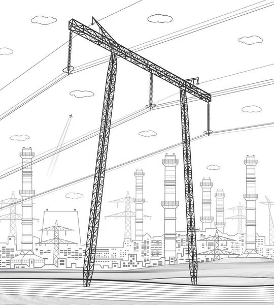 高電圧伝送システム 電柱だ 送電線だ 相互接続された電気のネットワーク 街の風景 白い背景に黒のオットライン ベクターデザインイラスト — ストックベクタ