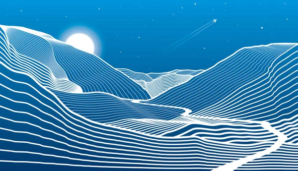 Night Landscape Path Mountains Outline Illustration Moon Stars Vector Design — Stock Vector