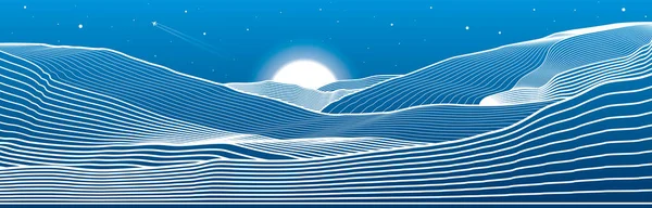 Night Landscape Mountains Outline Illustration Moon Stars Vector Design Art — Stock Vector