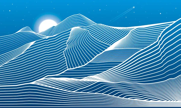 Paisaje Nocturno Montañas Esbozan Ilustración Luna Estrellas Arte Diseño Vectorial — Vector de stock