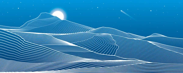 Hegyek Vázlatos Illusztráció Éjszakai Sivatagi Táj Homokdűnék Hold Csillagok Vektortervezés — Stock Vector