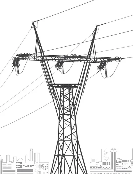 高压输电系统 电线杆电线 一个相互连接的电网 城市场景 白色背景上的黑线 矢量设计说明 — 图库矢量图片