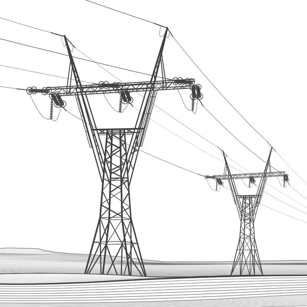 高压输电系统 电线杆电线 一个相互连接的电网 城市场景 白色背景上的黑线 矢量设计说明 — 图库矢量图片
