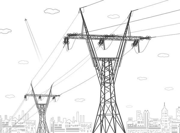 高電圧伝送システム 電柱だ 送電線だ 相互接続された電気のネットワーク 街の風景 白い背景に黒のオットライン ベクターデザインイラスト — ストックベクタ