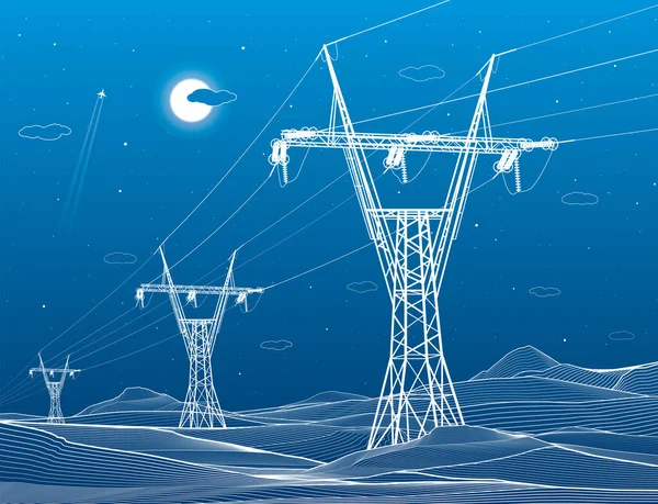 高压输电系统 电线杆电线 一个相互连接的电网 蓝色背景上的白线 矢量设计说明 — 图库矢量图片