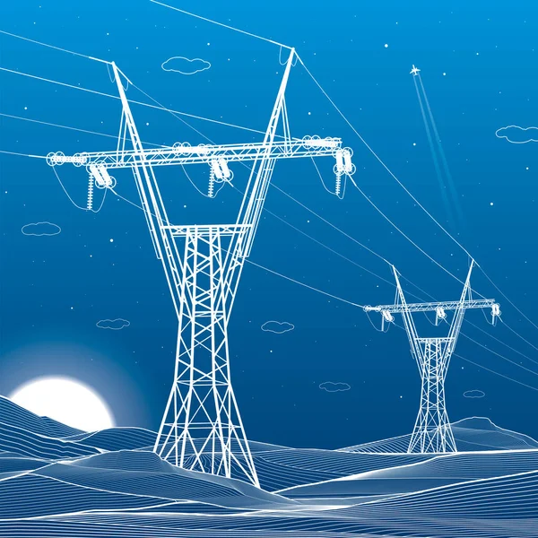 Högspänningsöverföringssystem Elstolpe Kraftledningar Ett Nätverk Sammankopplad Elektricitet Vita Otlines Blå — Stock vektor