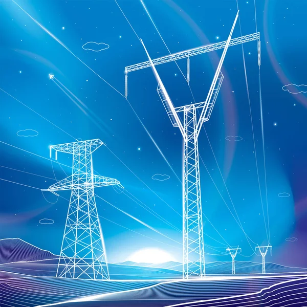 Hochspannungsübertragungssysteme Strommast Neonglühen Nächtliche Landschaft Stromleitungen Netzwerk Von Miteinander Verbundenen — Stockvektor