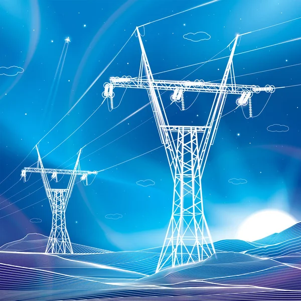 高压输电系统 电线杆霓虹灯光芒 相互连接的电力网络 蓝色背景上的白线 矢量设计说明 — 图库矢量图片