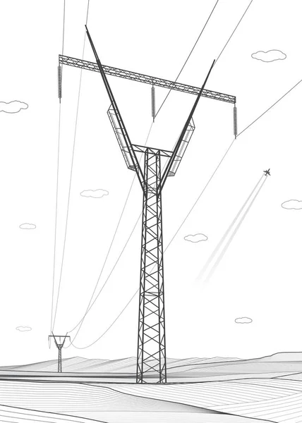 高压输电系统 电线杆电线 一个相互连接的电网 白色背景上的黑线 矢量设计说明 — 图库矢量图片