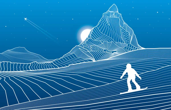 Hegyek Vázlatos Illusztráció Matterhorn Vagyok Éjszakai Sivatagi Táj Snowboardozni Csúcsok — Stock Vector