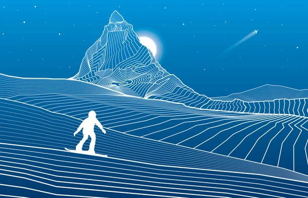 Mountains Outline Illustration Matterhorn Night Desert Landscape Snowboarder Riding Snow — Stock Vector