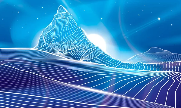 Matterhorn Mountain Neon Glow Illumination Image Snow Peaks Night Landscape — Stock Vector
