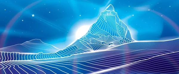 Matterhorn Dağı Neon Parıltısı Aydınlatma Görüntüsü Kar Zirveleri Gece Manzarası — Stok Vektör
