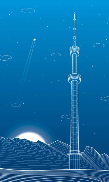 アルマトイ市の山の中のテレビ塔 カザフスタンの神戸 ホワイトアウトラインイラスト 夜の風景 ベクトルデザインアート — ストックベクタ