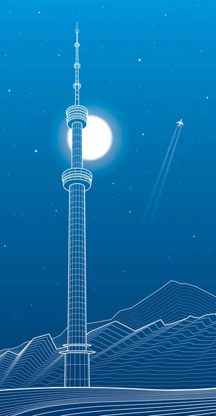 アルマトイ市の山の中のテレビ塔 カザフスタンの神戸 ホワイトアウトラインイラスト 夜の風景 ベクトルデザインアート — ストックベクタ