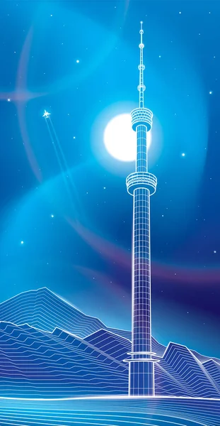 アルマトイ市の山の中のテレビ塔 カザフスタン ホワイトアウトラインイラスト ネオンの輝き 夜の風景 ベクトルデザインアート — ストックベクタ