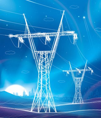 Yüksek voltaj iletim sistemleri. Elektrik direği. Neon parıltısı. Gece manzarası. Elektrik hatları. Birbirine bağlı elektrik şebekesi. Mavi arka planda beyaz noktalar. Vektör tasarımı illüstrasyonu