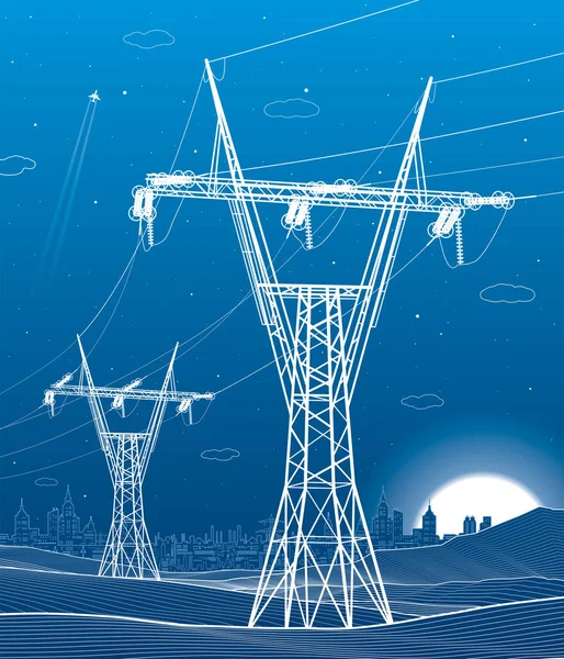 Hochspannungsübertragungssysteme Strommast Stromleitungen Ein Netzwerk Vernetzter Elektrizität City Skylline Weiße — Stockvektor