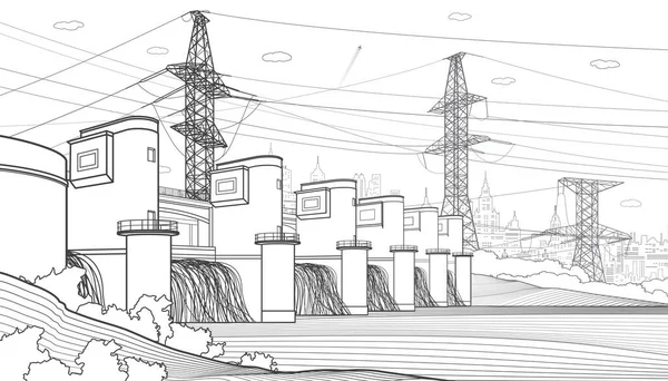 水力発電所 ダム川 再生可能エネルギー源 高電圧伝送システム 電柱だ 送電線だ 都市インフラ産業概要図 ベクトルデザインアート — ストックベクタ