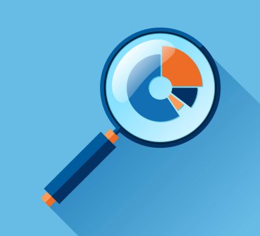 Büyüteç simgesi düz stil. Renk arkaplanı üzerinde loupe ve diyagramları ara. İlerleme çizelgesini yakınlaştır İş analitik illüstrasyon. Projeniz için vektör tasarımı nesnesi 