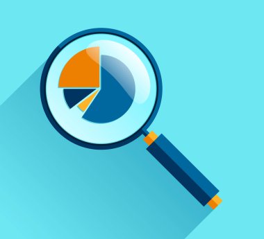 Büyüteç simgesi düz stil. Renk arkaplanı üzerinde loupe ve diyagramları ara. İlerleme çizelgesini yakınlaştır İş analitik illüstrasyon. Projeniz için vektör tasarımı nesnesi 