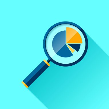 Büyüteç simgesi düz stil. Renk arkaplanı üzerinde loupe ve diyagramları ara. İlerleme çizelgesini yakınlaştır İş analitik illüstrasyon. Projeniz için vektör tasarımı nesnesi 
