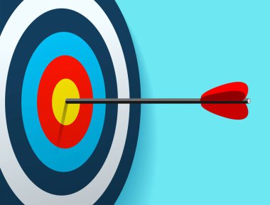 Hedef simgesi renk arkaplanında 3 boyutlu düz bir şekilde. Ortadaki ok nişan al. İş projeleriniz için vektör tasarım ögesi