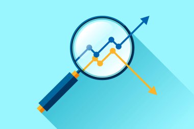 Büyüteç simgesi düz stil. Renk arkaplanı üzerinde loupe ve diyagramları ara. İlerleme çizelgesini yakınlaştır İş analitik illüstrasyon. Projeniz için vektör tasarımı nesnesi 