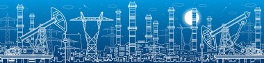 Elektrik santrali, petrol endüstrisi. Enerji, illüstrasyon panoraması, şehir gece sahnesi. Borular ve elektrik hatları. Fabrika altyapısı. Vektör tasarım sanatı