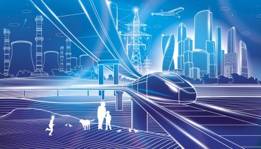 Şehir tasviri. Neon-Işıltılı kasaba hayatı. Demiryolu köprüsü. Araba üst geçidi. Tren yolculukları. Şehir Altyapı ve Taşımacılık, şehir manzarası. Vektör tasarım sanatı. Mavi arkaplanda beyaz çizgiler