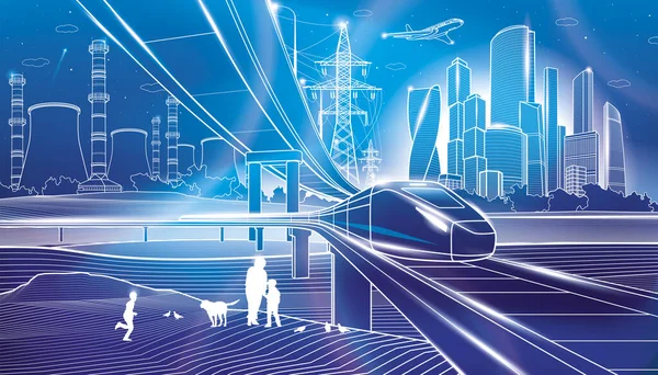 Obrys Města Ilustrace Neonová Záře Městského Života Železniční Most Přejezd — Stockový vektor