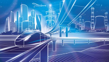 Şehir tasviri. Neon-Işıltılı kasaba hayatı. Demiryolu köprüsü. Araba üst geçidi. Tren yolculukları. Şehir Altyapı ve Taşımacılık, şehir manzarası. Vektör tasarım sanatı. Mavi arkaplanda beyaz çizgiler